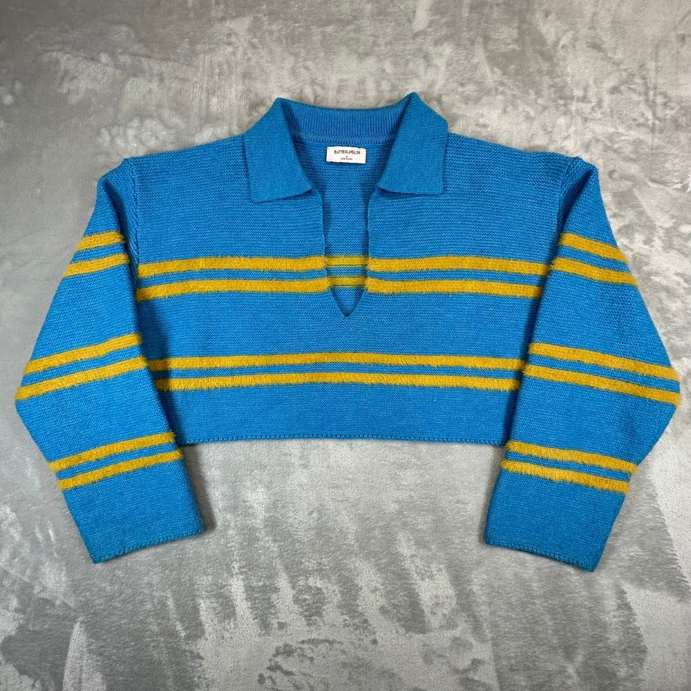 ButterMelon Sweater Womens M Blue Striped Cropped Polo V-Neck BMT2207